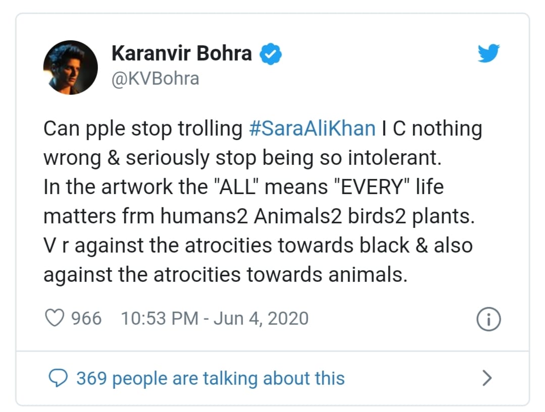 Sara Ali Khan’s ‘All Lives Matter’ post draws backlash on social media; Karanvir Bohra tweeted in support of the actor