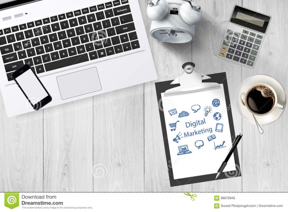 Business creative innovation concept digital marketing idea laptop coffee cup calculator smartphone pen notebook 88676946