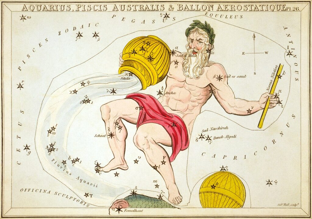 The Aquarius constellation in the night sky, home of the water-bearer zodiac sign