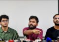 CJP leaders Saurav Das, Abhijeet Dipke and Ashutosh Ranka at a press conference