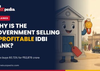 Illustration of a bank building mascot with a for-sale tag and a businessman