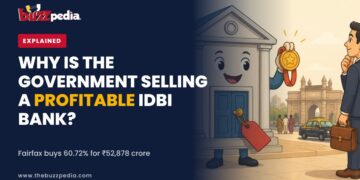 Illustration of a bank building mascot with a for-sale tag and a businessman