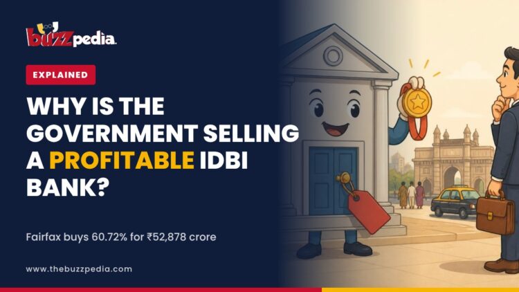 Illustration of a bank building mascot with a for-sale tag and a businessman