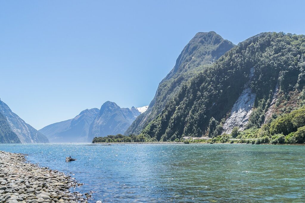 Mitre Peak rising above the water at Milford Sound, New Zealand