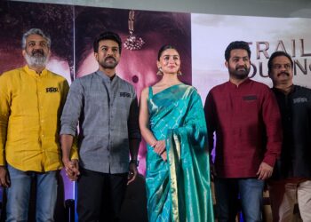 SS Rajamouli, Ram Charan, Alia Bhatt, N.T.Rama Rao Jr. At The RRR Press Meet in Chennai