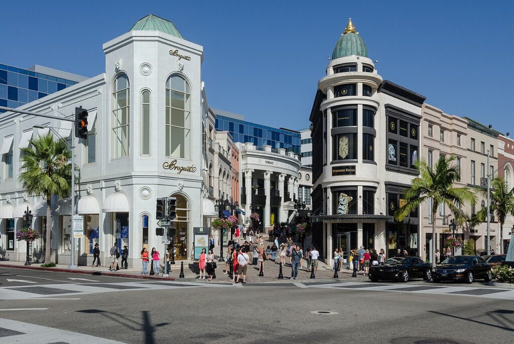 Luxury fashion boutiques along Rodeo Drive in Beverly Hills