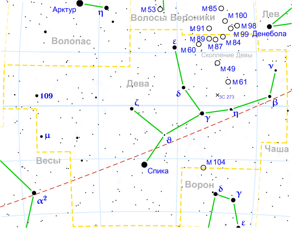 Star map of the Virgo constellation with its brightest star Spica